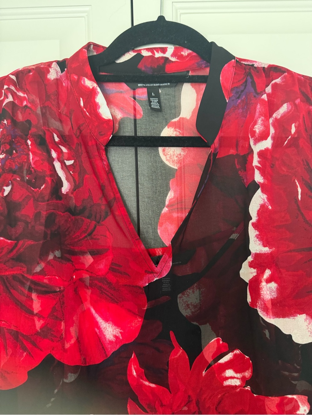 White House Black Market Black Sheer Blouse with Red Floral Print - Picture 3 of 7